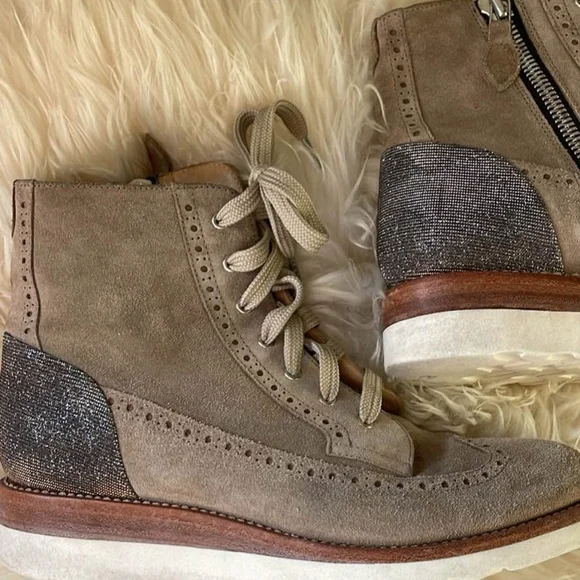 Women's Taupe Suede Lace-Up & Zip Ankle Booties - Picture 5 of 9